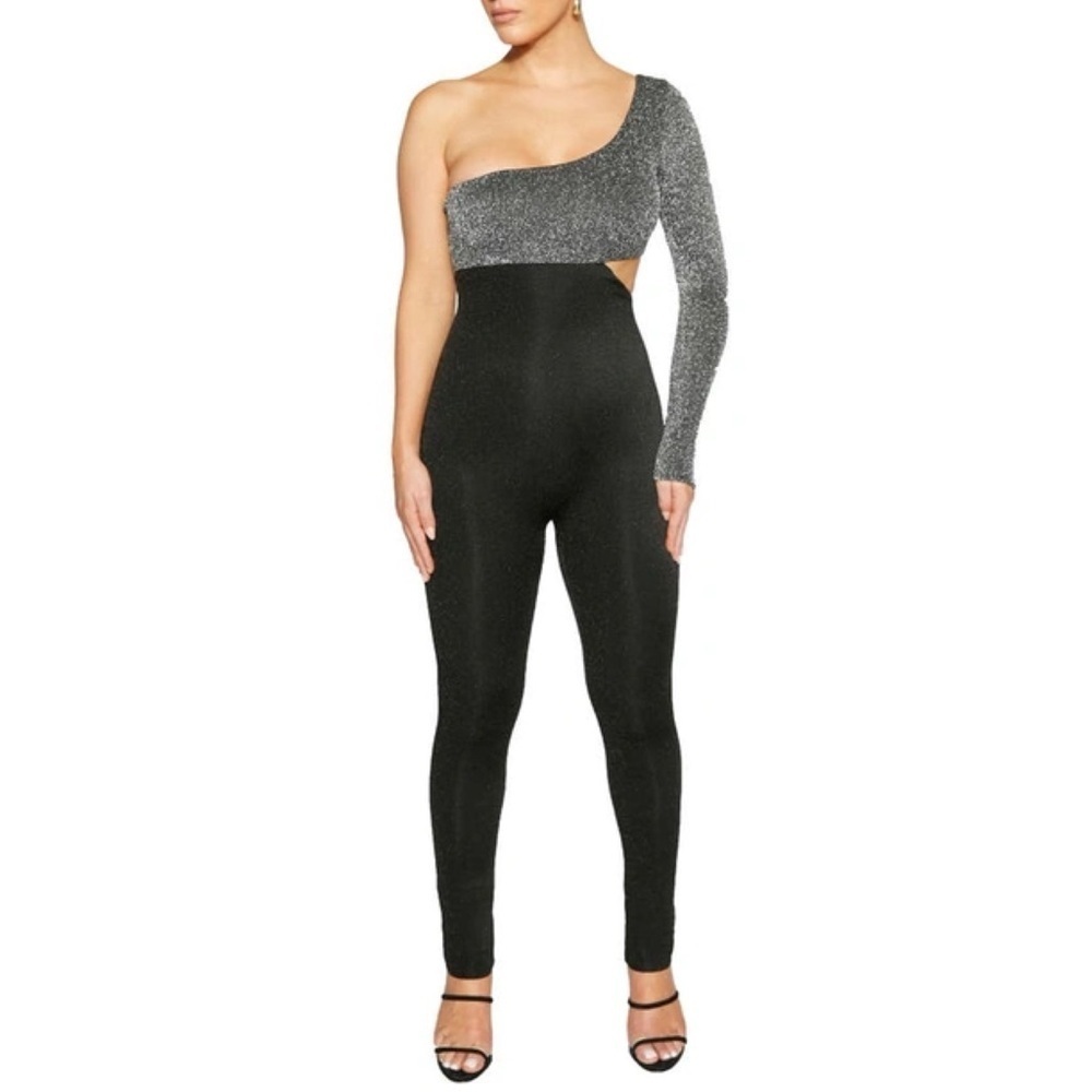 🆕 Naked Wardrobe ONE-SHOULDER CUTOUT JUMPSUIT IN BLACK AND SILVER size large